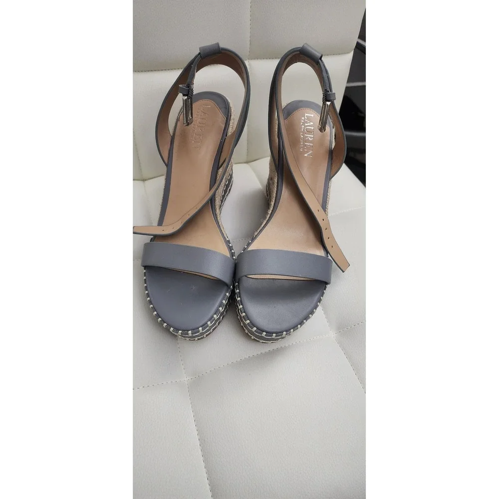 Lauren Ralph Lauren Hilarie Espadrille Wedge Sandals Ocean Blue Grey Leather 9B‎